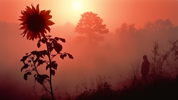 Photo misty sunrise a dramatic silhouette of a sunflower in sublime wilderness