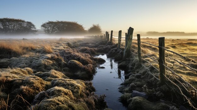 Photo misty sunrise landscape with stone fence on english moors