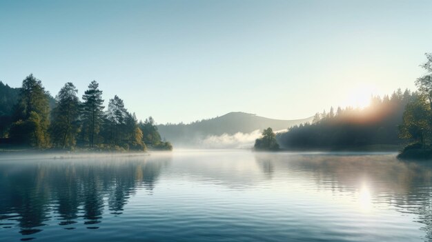 Misty sunrise over a peaceful lake surrounded by trees