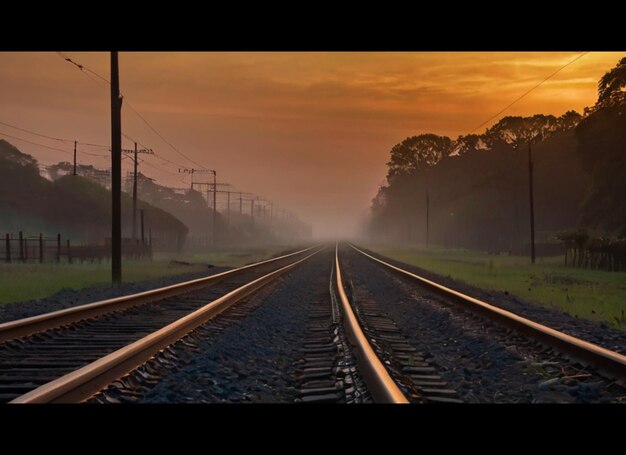 Photo a misty sunset casts a warm glow over the railway tracks
