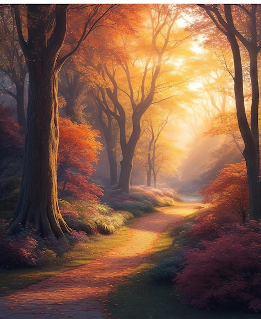 Misty Sunset Path De rustige schoonheid van het betoverde bos in ultradetail