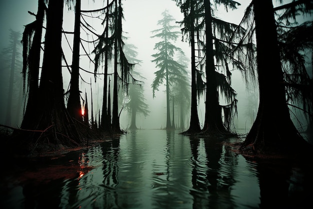 A Misty Swamp At dawn with ancient cypress trees rising