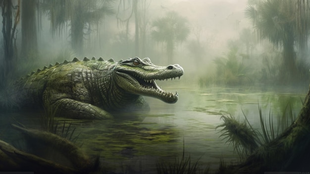 Photo a misty swamp with alligators lurking