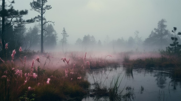 Photo misty swamp with pink flowers gauzy atmospheric landscape