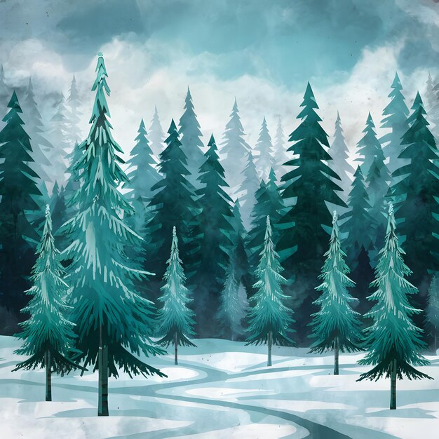 Photo misty winter fir forest landscape vintage retro style scenery for social media post size