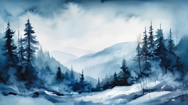 Misty Winter Wonderland A Watercolor Landscape of a Frozen Taiga Forest