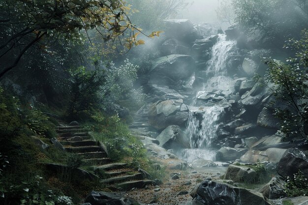 Photo a misty woodland path leading to a hidden waterfal