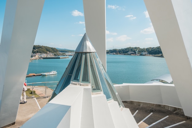 Misumi Port Umi no Pyramid, Pyramid of the Sea, shape of a ferry shelter, walkway both inside and outside