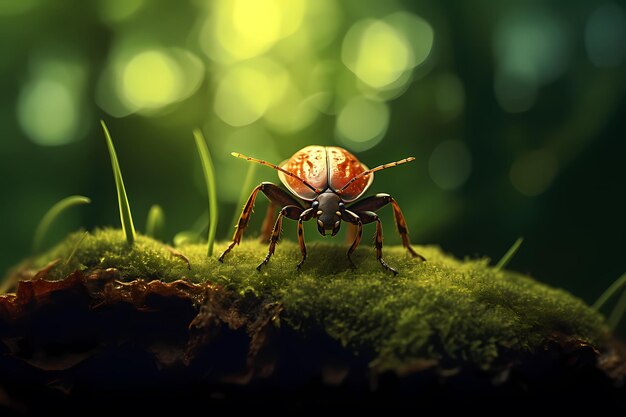 Mite on green moss in the forest