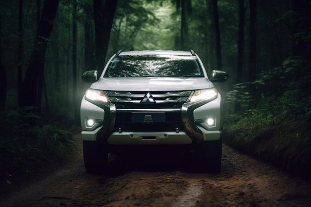 A mitsubishi pajero is driving on a forest road.