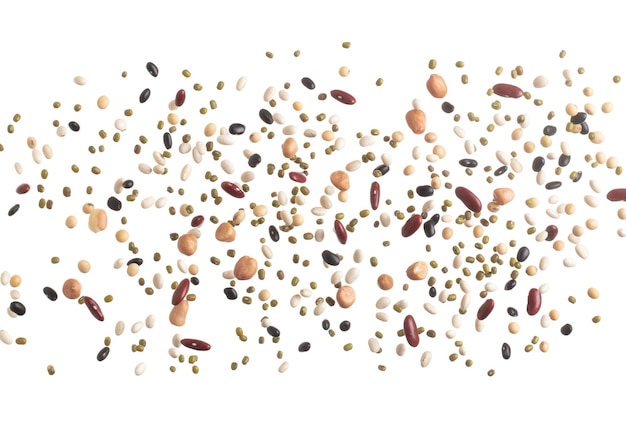 Mix beans fall down explosion several kind bean float explode pouring down Dried mixed white green red soy black peanut beans splash throwing in Air White background Isolated high speed shutter