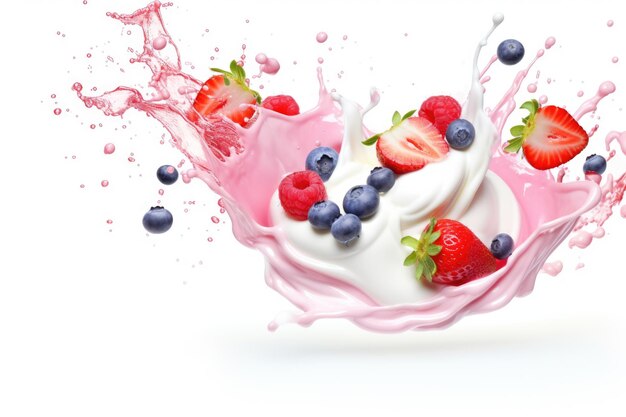 Mix Berries Falling On Milk Splash AI Generated