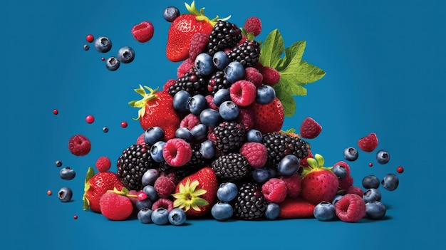 Mix of berries fruit splash on blue background