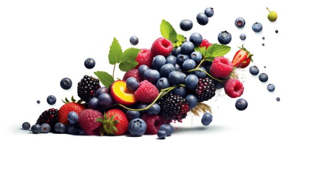 mix of berries fruit splash on white background