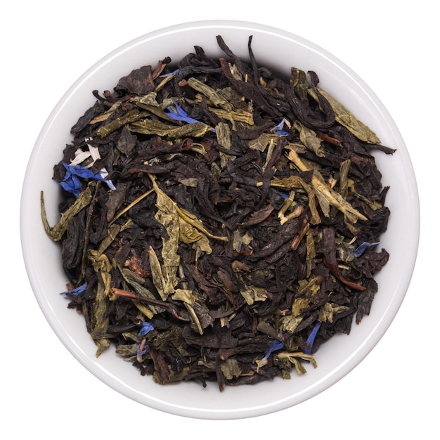 Mix of black tea with green sencha tea and cornflower flowers and strawberry