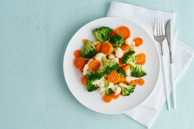 Mix of boiled vegetables. Broccoli, carrots, cauliflower. Steamed vegetables