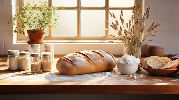 Foto miscela di pane su tavola da taglio e su cestino