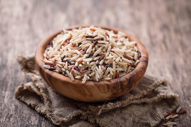 Mix of brown, red and wild rice in bowl