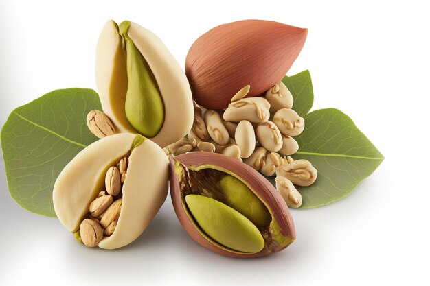 Mix of cashew almond and pistachio nuts on a white background Design element for packages with a clipping path