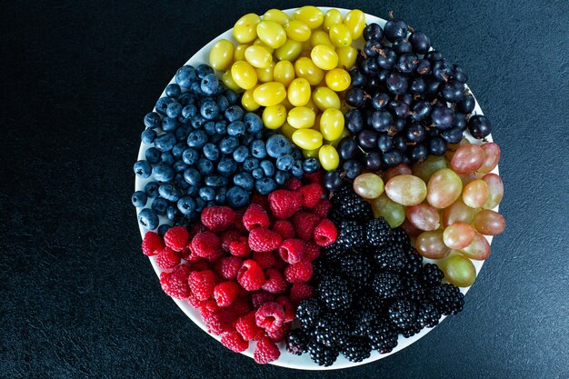 Mix of colored berries in a round plate