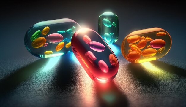 A mix of colorful well lit pharmaceutical capsules with generated ai