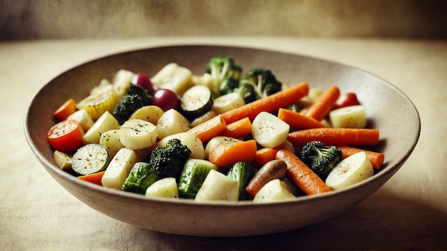 mix of cooked vegetables in bowl variety of grilled vegetables in bowl on abstract background