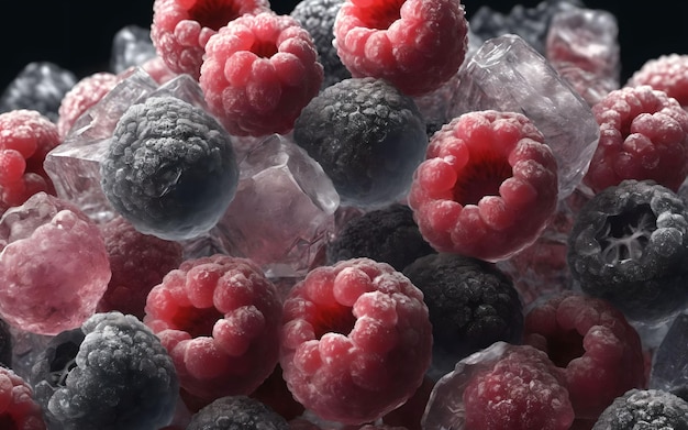 Photo mix of different frozen berries falling splashing