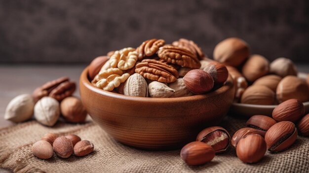 Mix of different nuts in a wooden cup