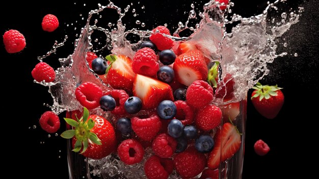 A mix of different types of berries bursting out of a glass symbolizing a burst of flavor