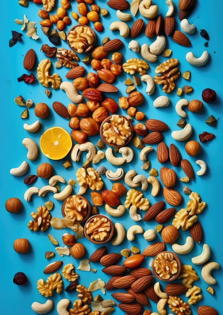 Photo mix of different types of nuts and dried fruit healthy food concept generative ai