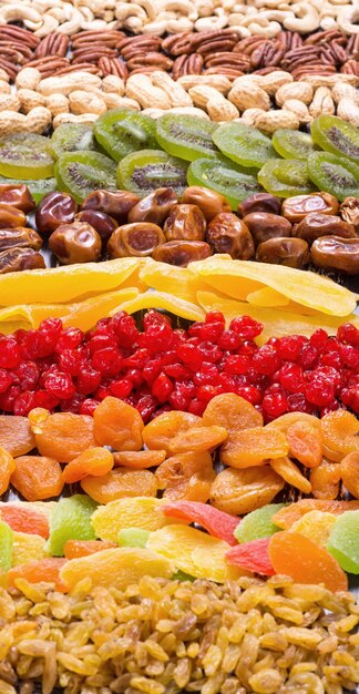 Mix of dried and candied fruit background