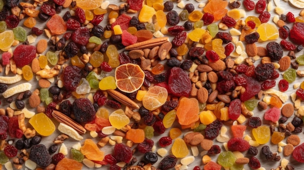 Mix of dried and candied fruit Top down view