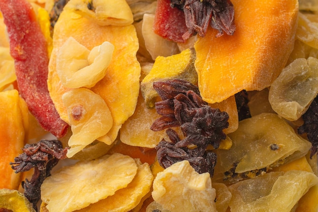 Mix of dried exotic fruit mangosslices of pineapples passion fruit papaya