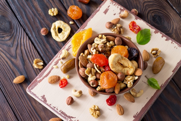 Mix of dried fruits and nuts in a bowl