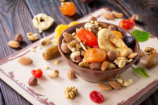 Mix of dried fruits and nuts in a bowl