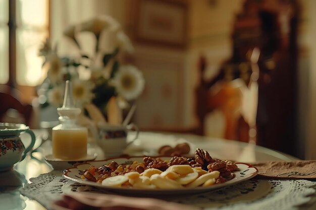 Photo mix of dried fruits and nuts in plate