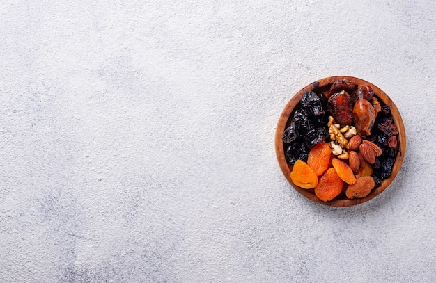 Mix of dried fruits and nuts in plate