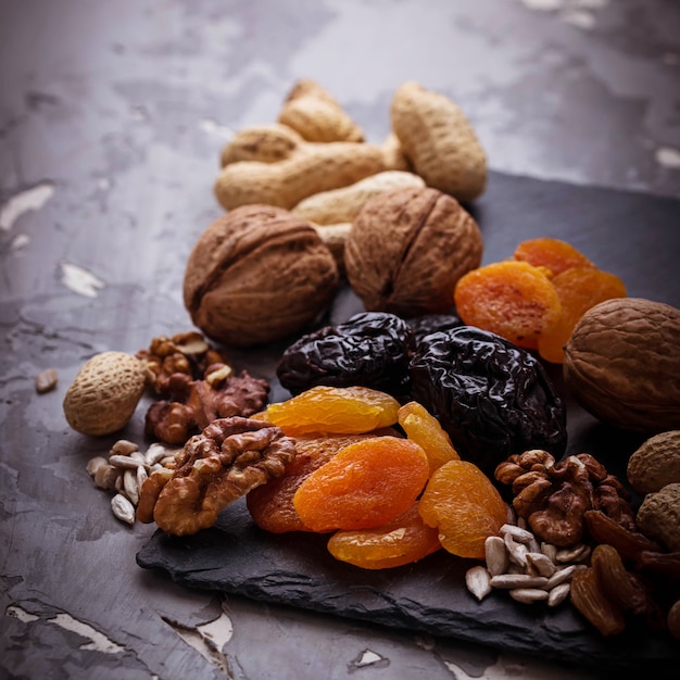 Photo mix of dried fruits, nuts and seeds