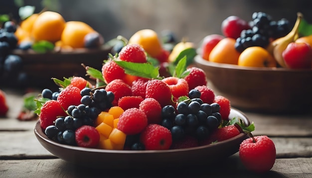 Mix of fresh berries in a bowl on wooden table selective focus