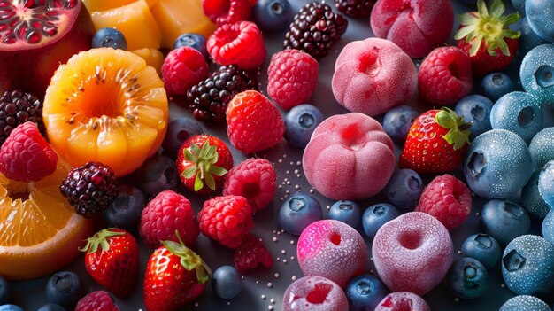 Mix of fresh berries and fruits Top view