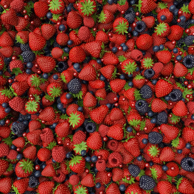 Mix of fresh berries with green leaves