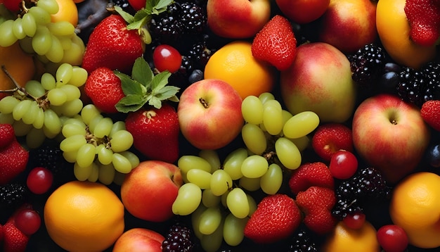 Mix of fresh fruits as background top view closeup