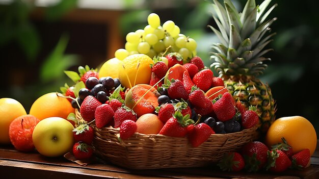 Photo mix of fresh fruits on wicker bascket