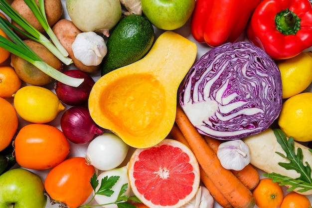 Mix of fresh vegetables and fruits in full frame