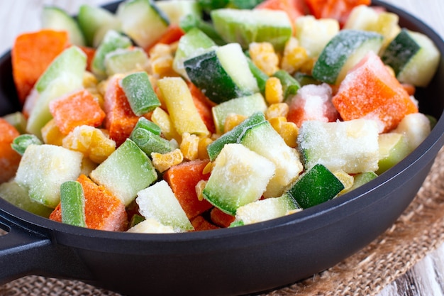 Mix of frozen vegetables in the pan. Studio Photo