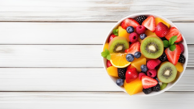 Mix fruit gezond ontbijt top view plat op houten achtergrond kopieer ruimte
