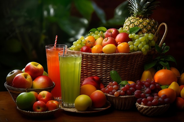 Mix Fruits in a Basket with Fresh Juice on Table Generative Ai