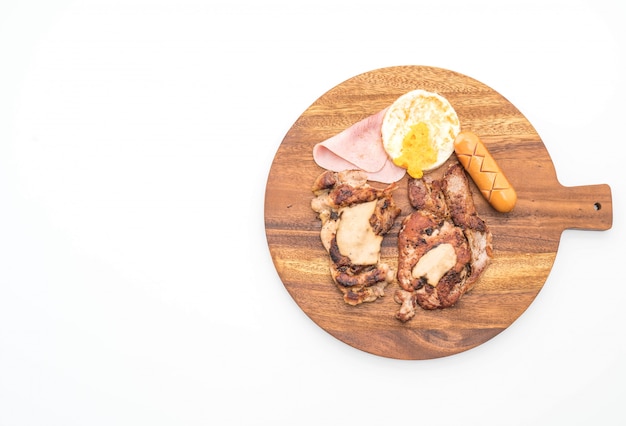 mix grilled steak on wood plate