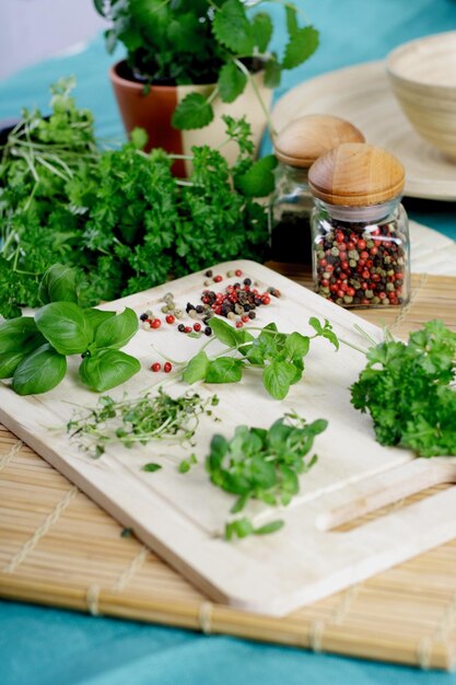 Photo mix of herbs on desk