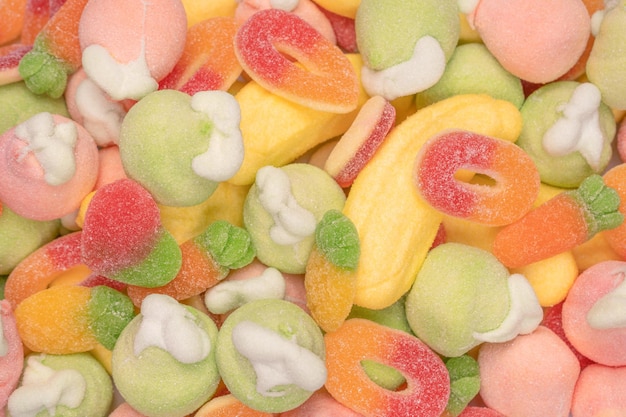 Mix of jelly candys and marshmallows as a background